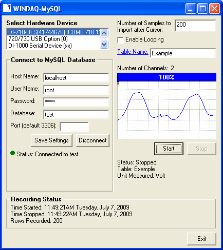 WinDaq/MySQL window streaming data