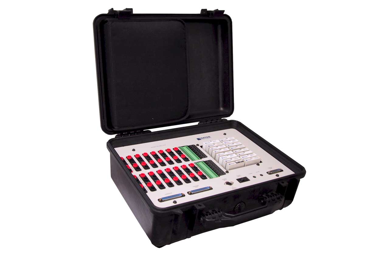 16-channel portable configuration shown above (model DI-500-16). Right side of instrument shows DI-5B signal conditioning modules installed. Left side is where input signals are connected, to either 5-way binding posts (banana jacks) or screw terminals.