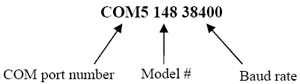 The DeviceID consists of the COM port number that your DI-148/158 is installed onto, the model number (148 or 158) and the baud rate.